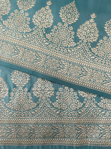 Banarasi Ektara Katan Silk Saree | Tissue Organza Band | Light Teal Blue | Thread Work | Handwoven | Silk Mark | Ships from California